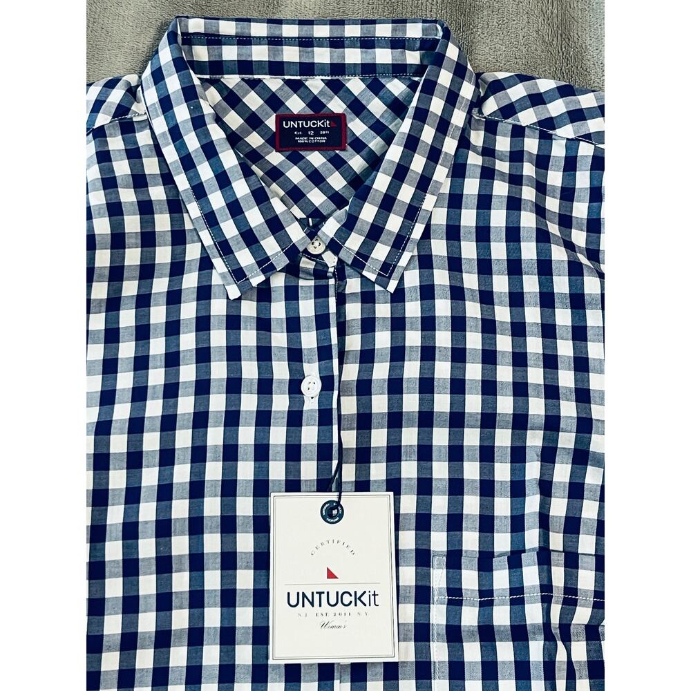 NWT UNTUCKit Cotton Navy Blue White Plaid Button Up Shirt Causal Country Belleza - Picture 4 of 6